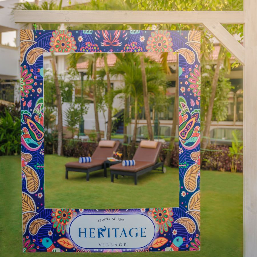 Insta-ready photo frame at Heritage Village Resorts &amp; Spa, Goa, ideal for fun vacation pictures.