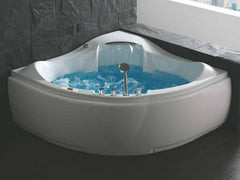 Modern two person whirlpool bathtub with jets.