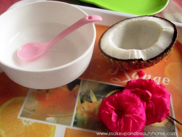 Ingredients for homemade hair spa treatment with coconut milk and rose powder