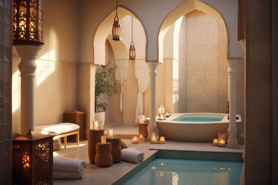 A serene and inviting entrance to a Moroccan spa, showcasing traditional Moroccan architectural elements and soft lighting, suggesting a luxurious and calming atmosphere.