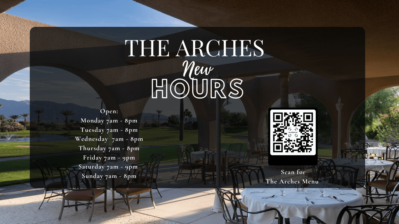 A sign for a restaurant at Borrego Springs Resort & Spa, promoting The Arches restaurant with updated hours.