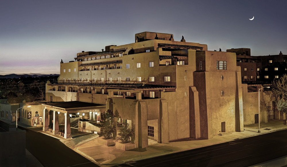 Exterior view of the Eldorado Hotel & Spa in Santa Fe at night