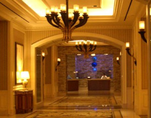 Hallway and front desk at QUA Baths & Spa at Caesars Palace